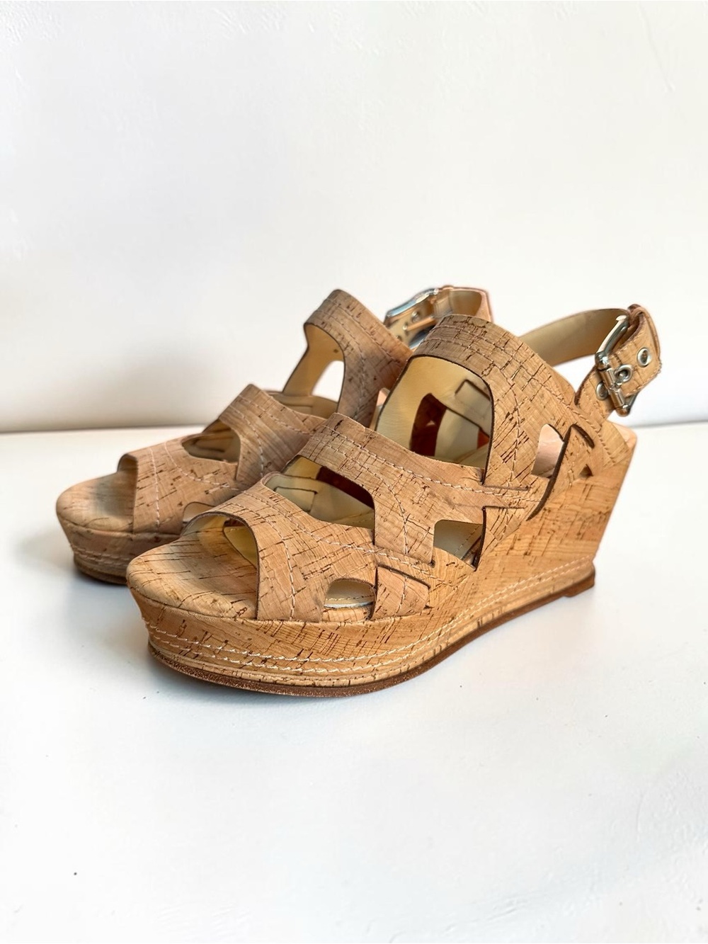 Donald J. Pliner Cork Patterned Wedge Sandals in Natural Tan Size 6